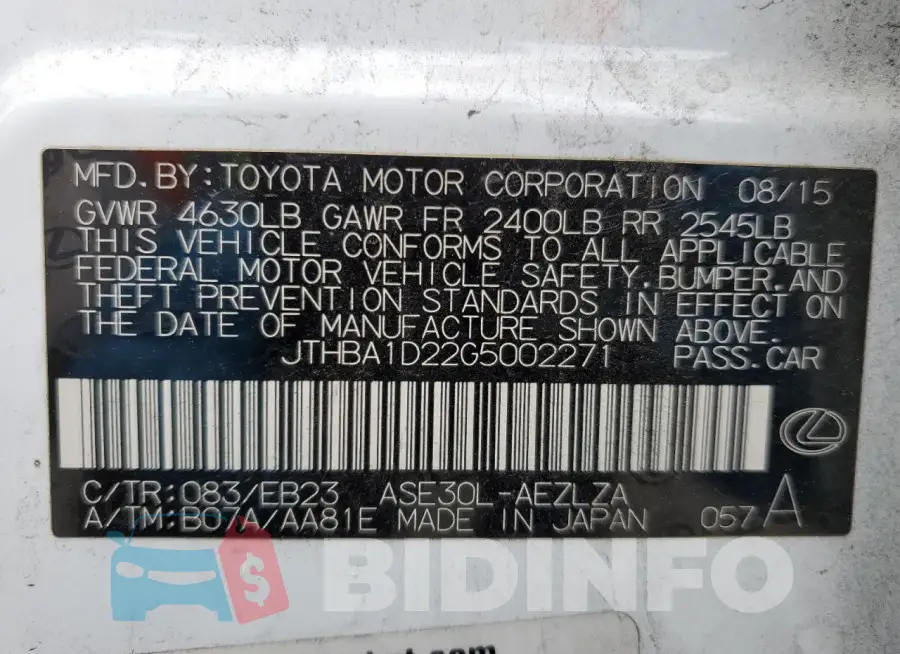 JTHBA1D22G5002271 Photo# 13