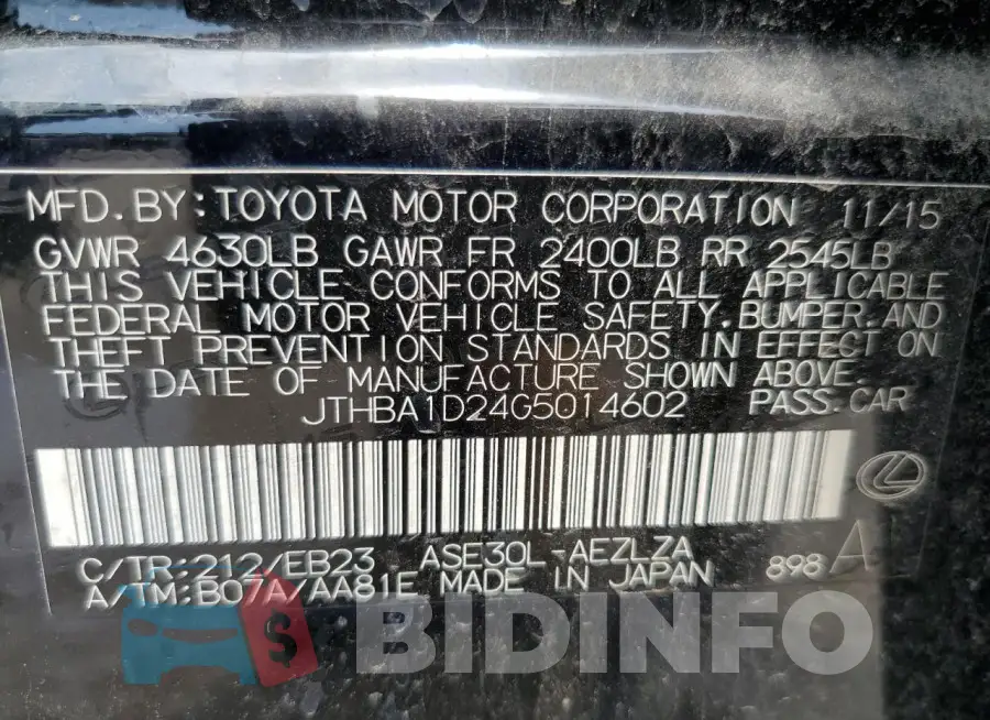 JTHBA1D24G5014602 Photo# 12