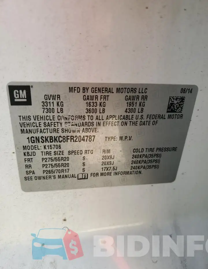 1GNSKBKC8FR204787 Photo# 13