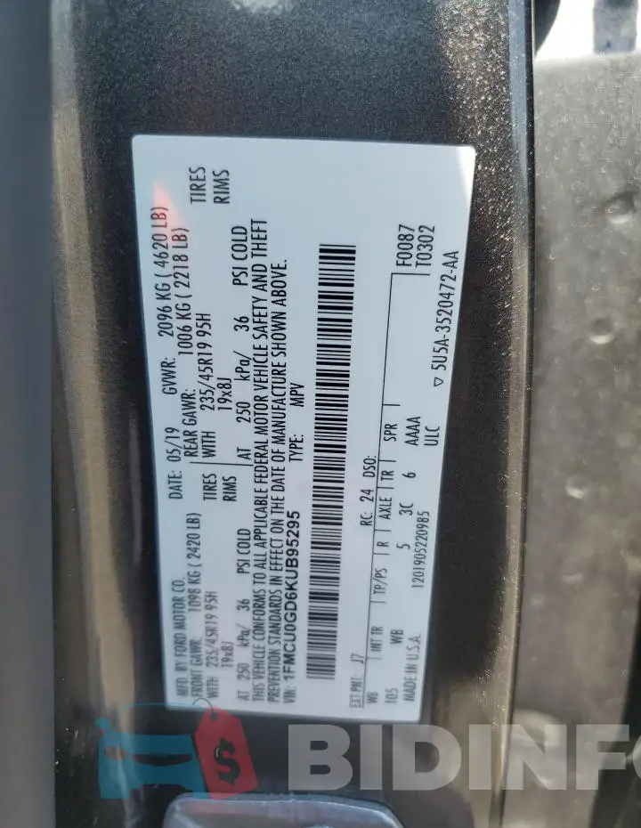1FMCU0GD6KUB95295 Photo# 14