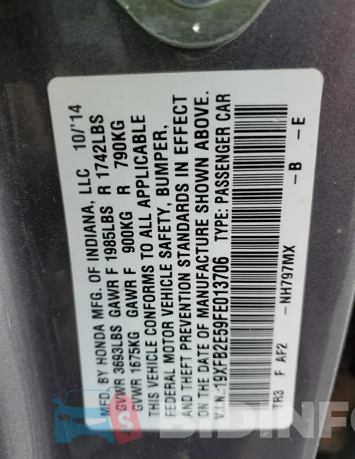 19XFB2E59FE013706 Photo# 12
