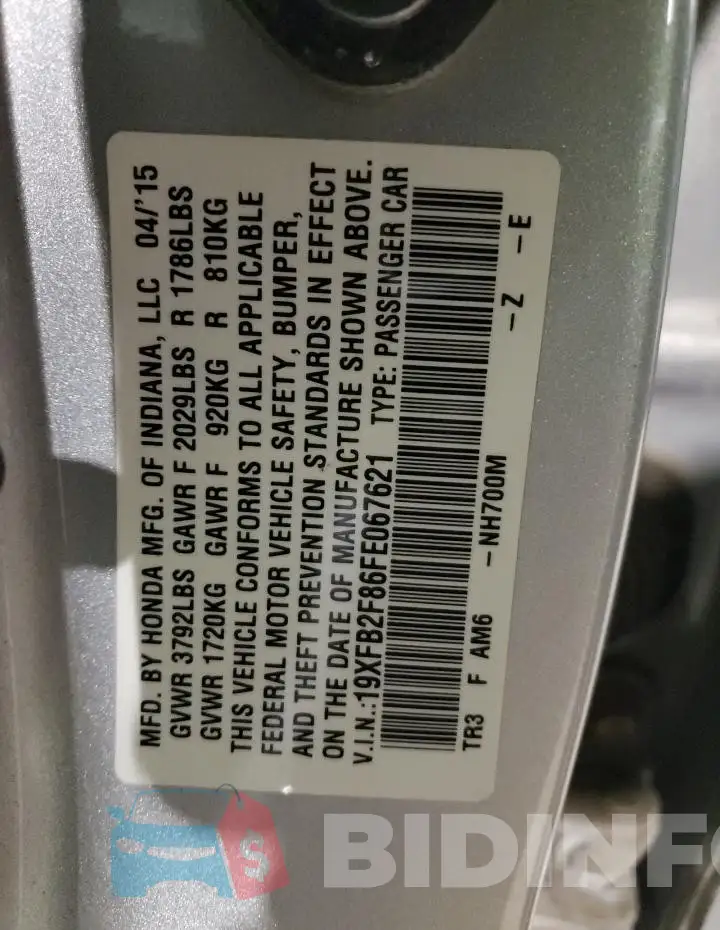 19XFB2F86FE067621 Photo# 12