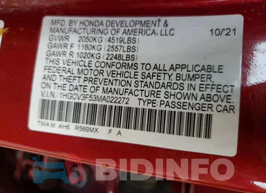 1HGCV3F53MA022272 Photo# 12