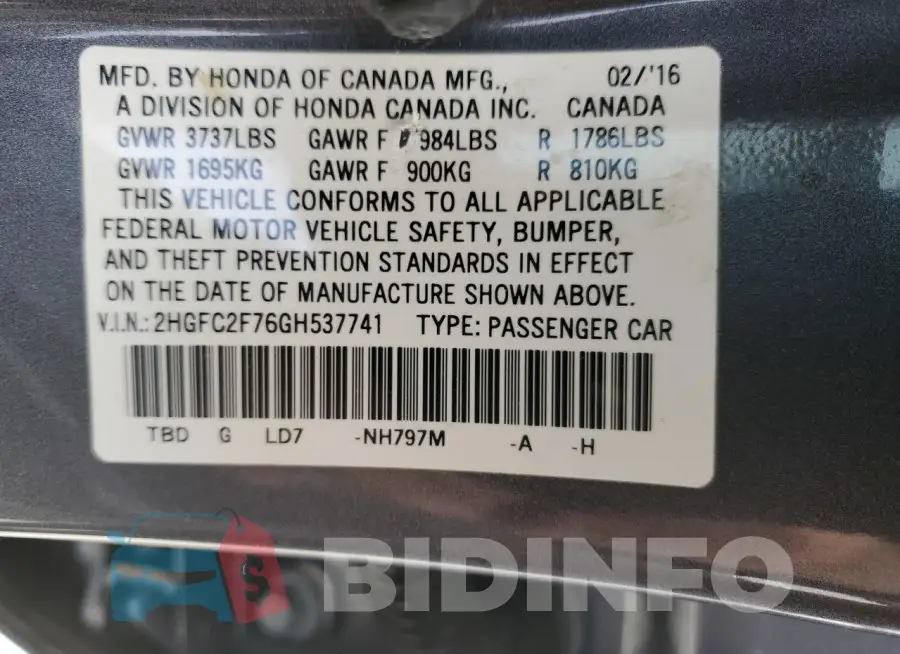 2HGFC2F76GH537741 Photo# 12