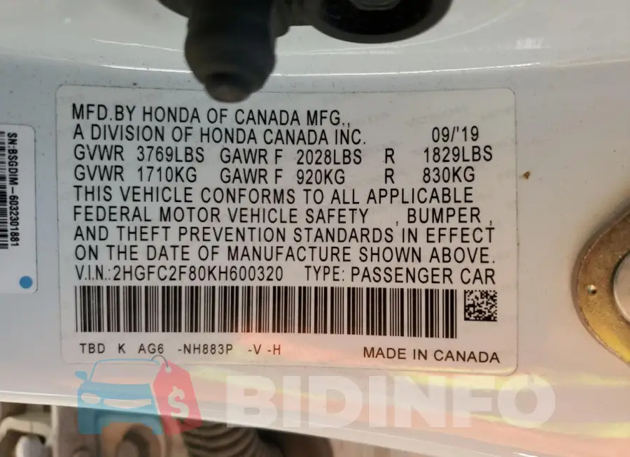 2HGFC2F80KH600320 Photo# 12