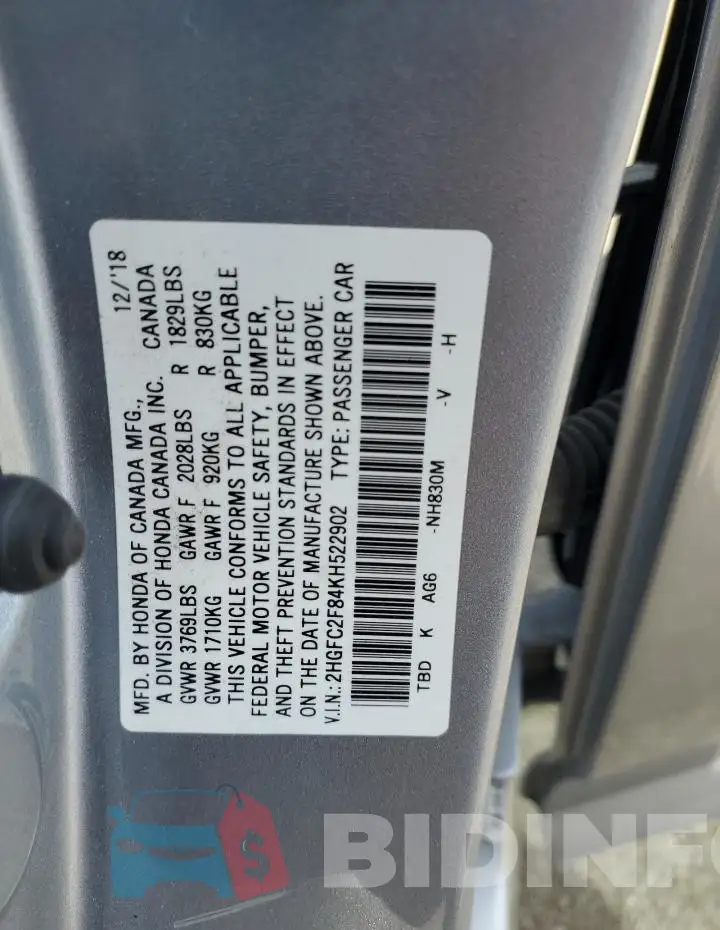 2HGFC2F84KH522902 Photo# 12