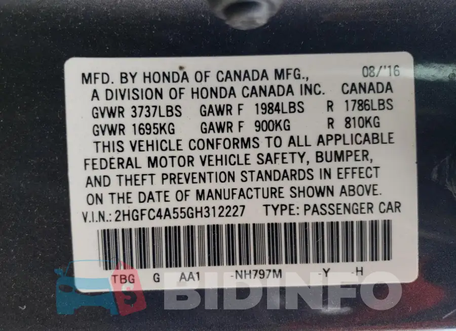 2HGFC4A55GH312227 Photo# 12