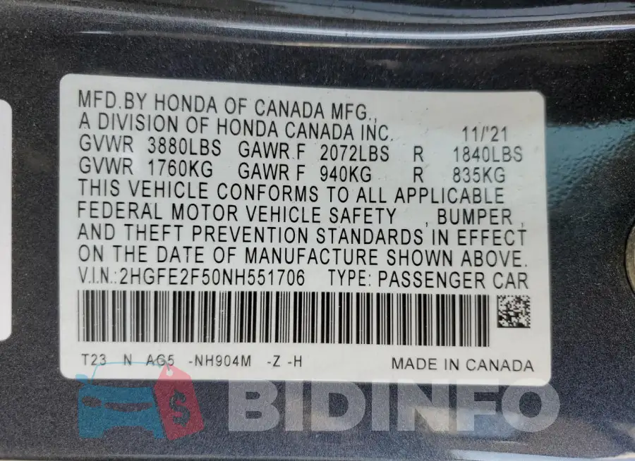 2HGFE2F50NH551706 Photo# 12