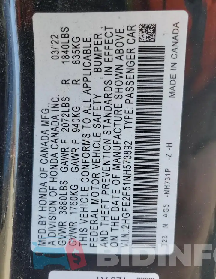 2HGFE2F51NH573892 Photo# 13