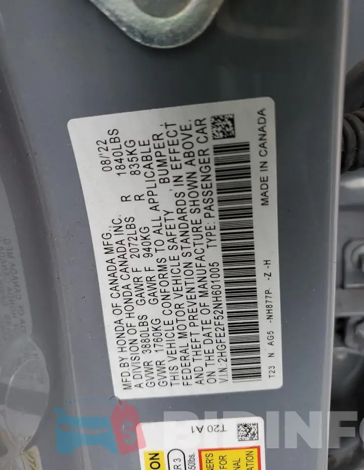 2HGFE2F52NH601005 Photo# 12