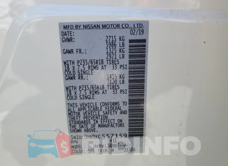 5N1DL0MN9KC557159 Photo# 14