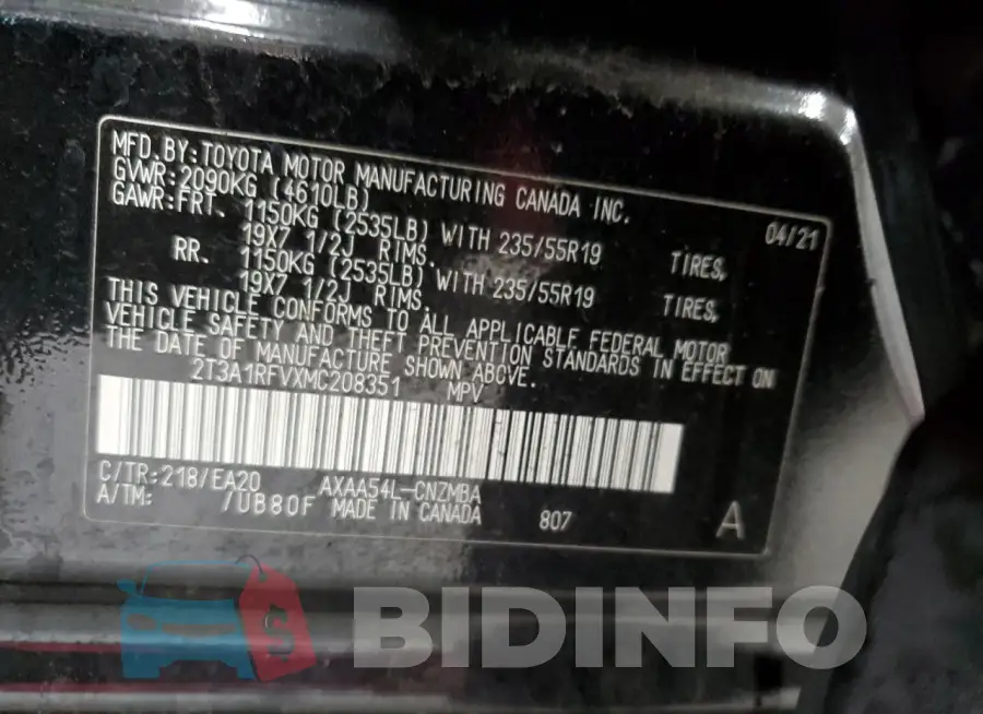 2T3A1RFVXMC208351 Photo# 14