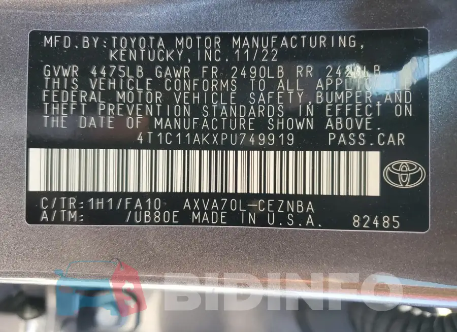 4T1C11AKXPU749919 Photo# 13