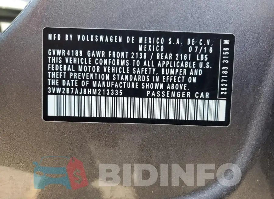 3VW2B7AJ8HM213335 Photo# 12