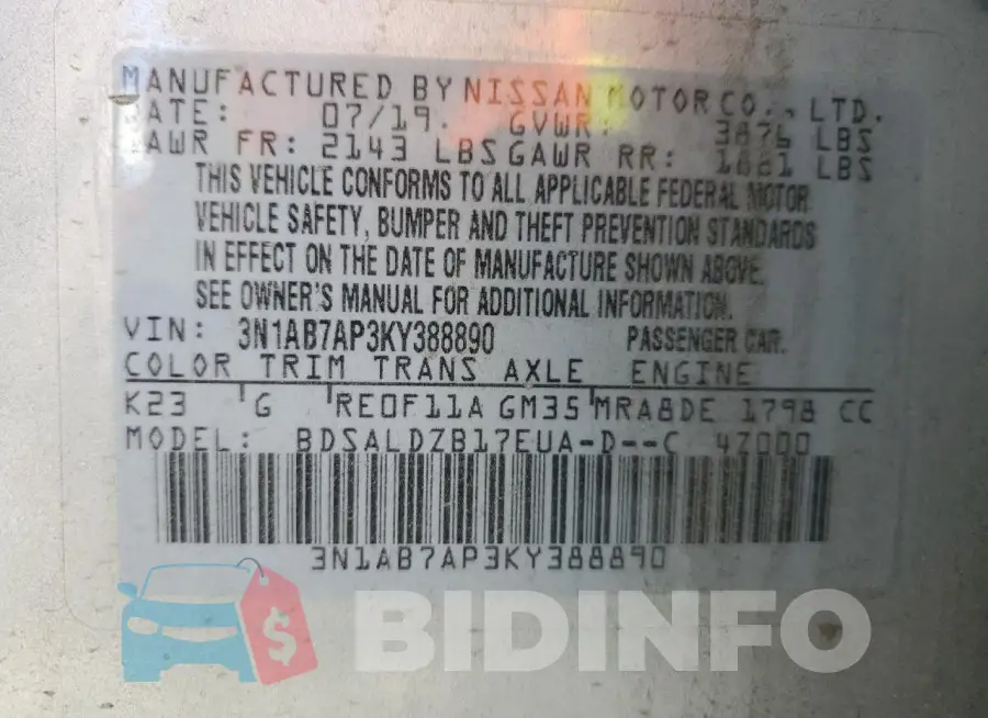 3N1AB7AP3KY388890 Photo# 12