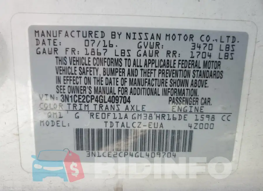 3N1CE2CP4GL409704 Photo# 12