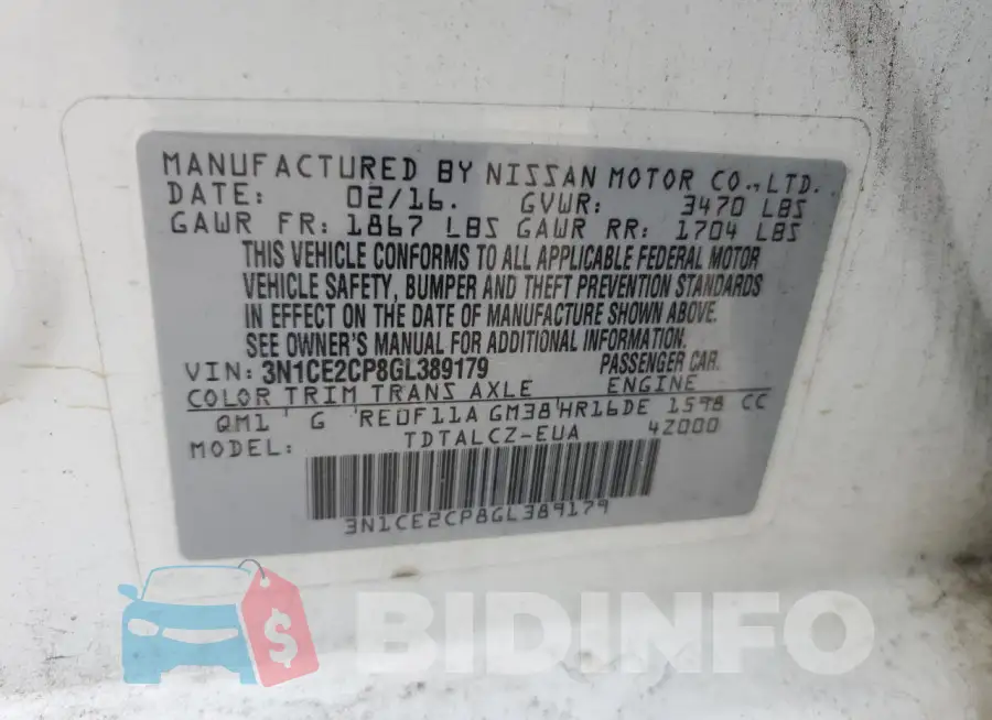 3N1CE2CP8GL389179 Photo# 12