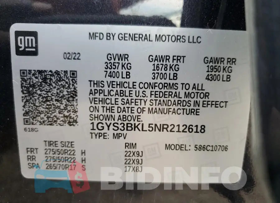 1GYS3BKL5NR212618 Photo# 13