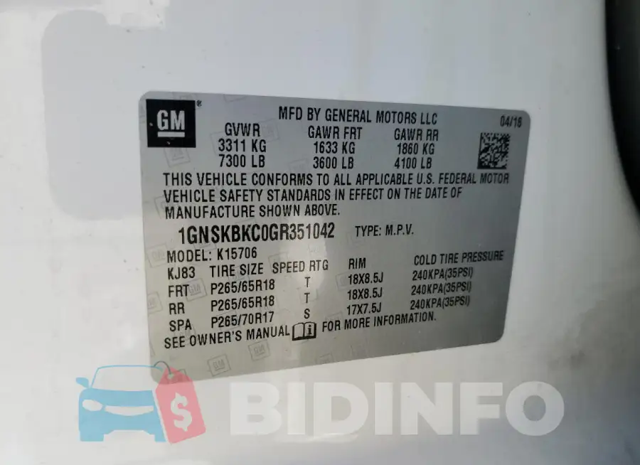 1GNSKBKC0GR351042 Photo# 14