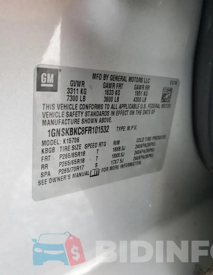 1GNSKBKC8FR101532 Photo# 13