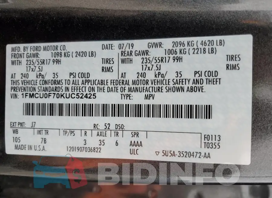1FMCU0F70KUC52425 Photo# 13