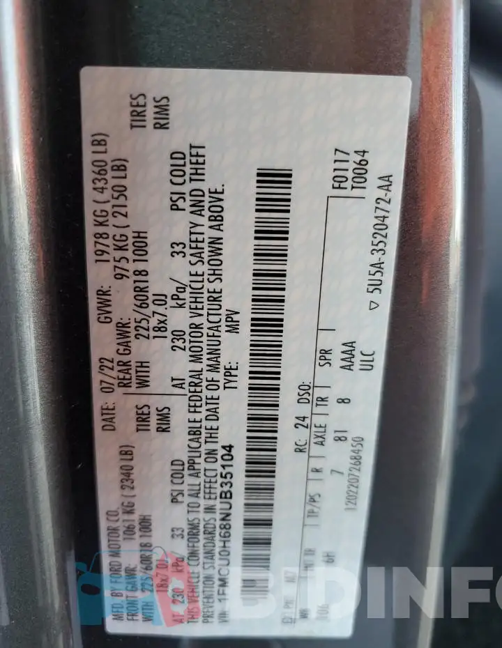 1FMCU0H68NUB35104 Photo# 14
