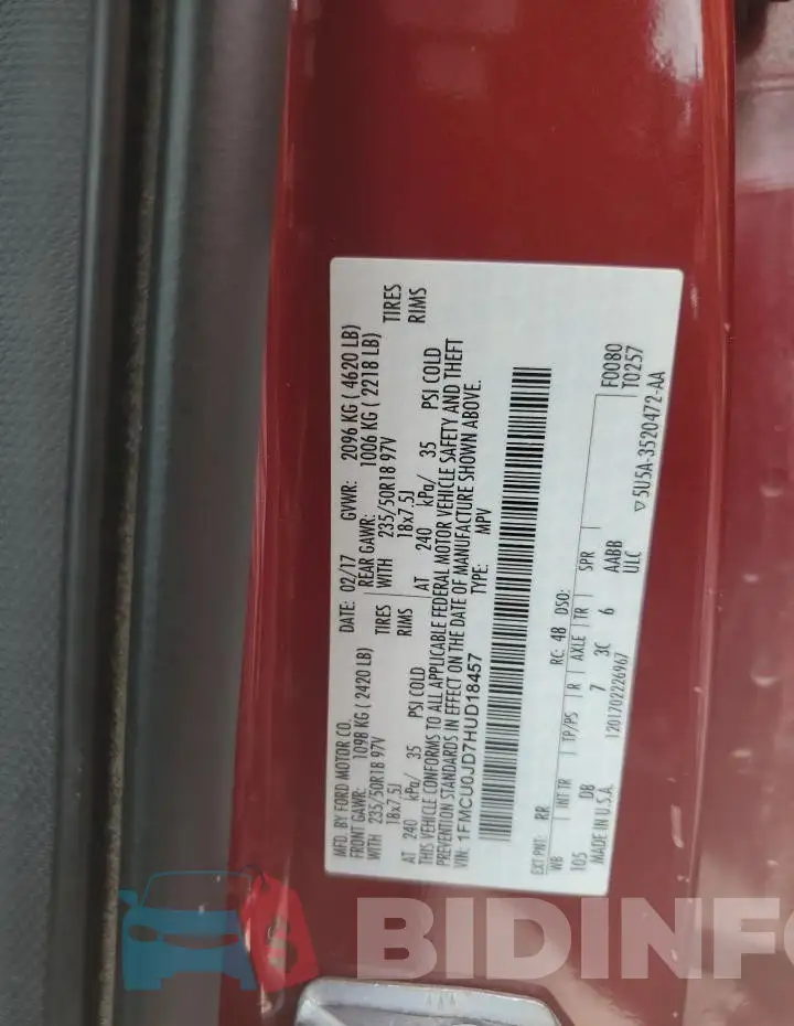 1FMCU0JD7HUD18457 Photo# 14