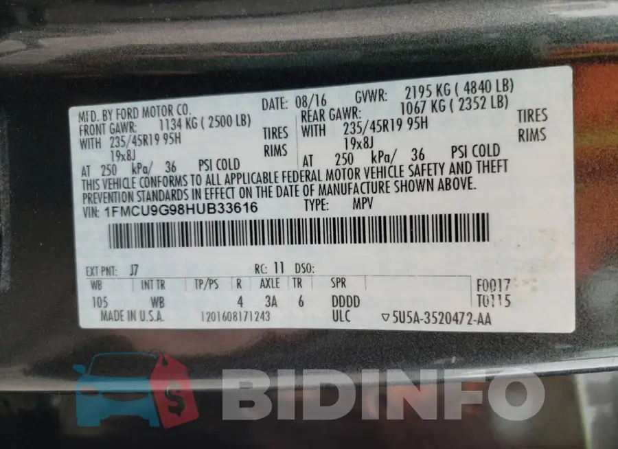 1FMCU9G98HUB33616 Photo# 13