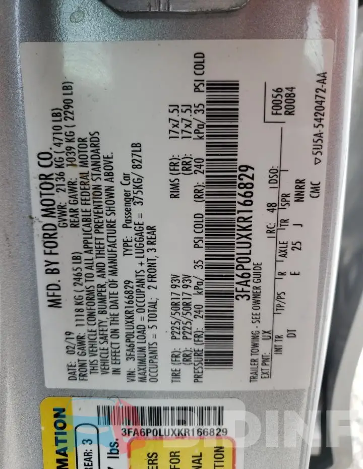 3FA6P0LUXKR166829 Photo# 12