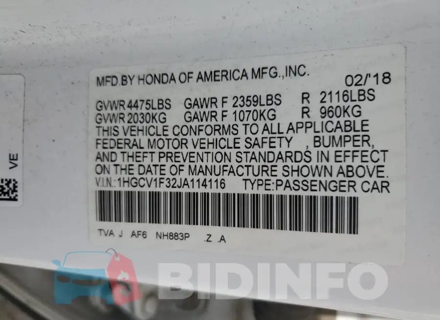 1HGCV1F32JA114116 Photo# 13