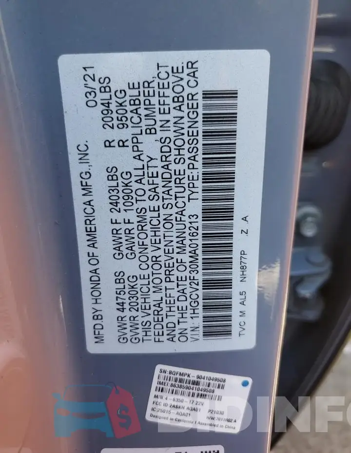 1HGCV2F30MA016213 Photo# 12