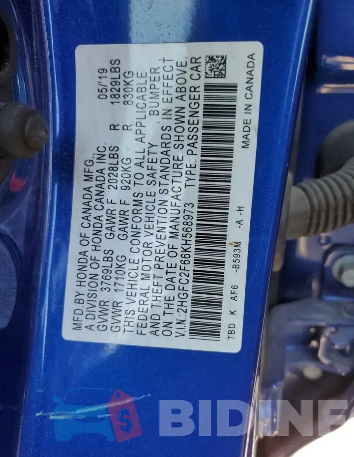 2HGFC2F66KH568973 Photo# 12
