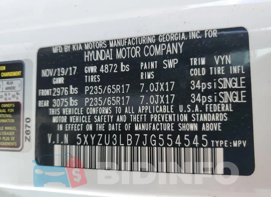5XYZU3LB7JG554545 Photo# 13