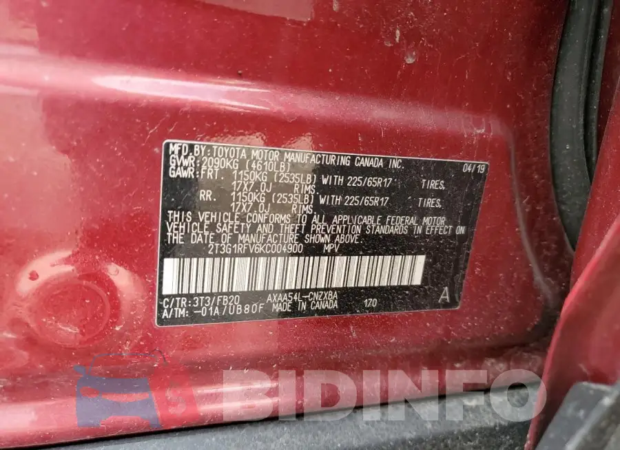 2T3G1RFV6KC004900 Photo# 13