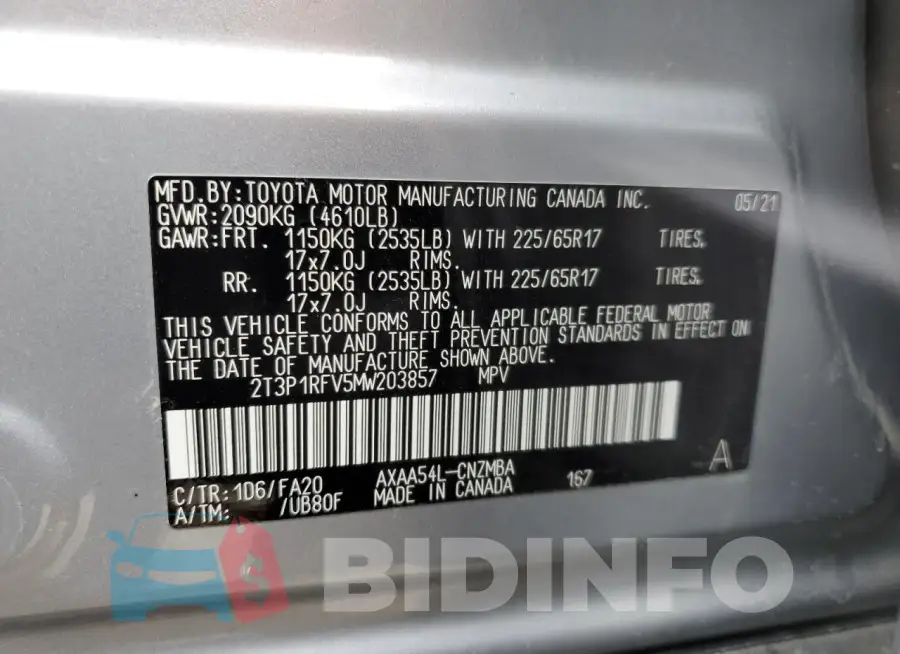 2T3P1RFV5MW203857 Photo# 13