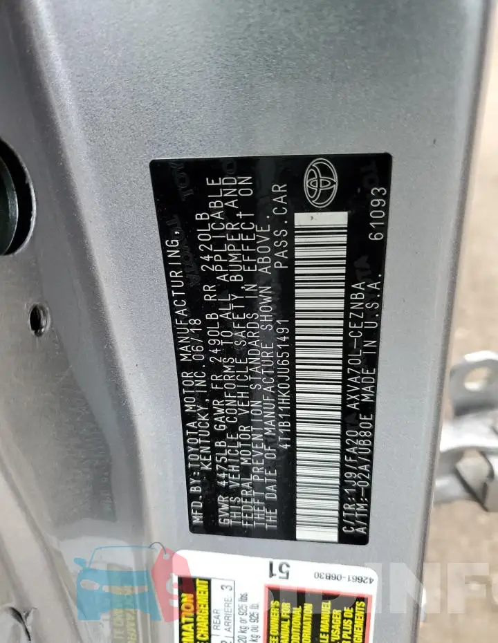 4T1B11HK0JU651491 Photo# 12