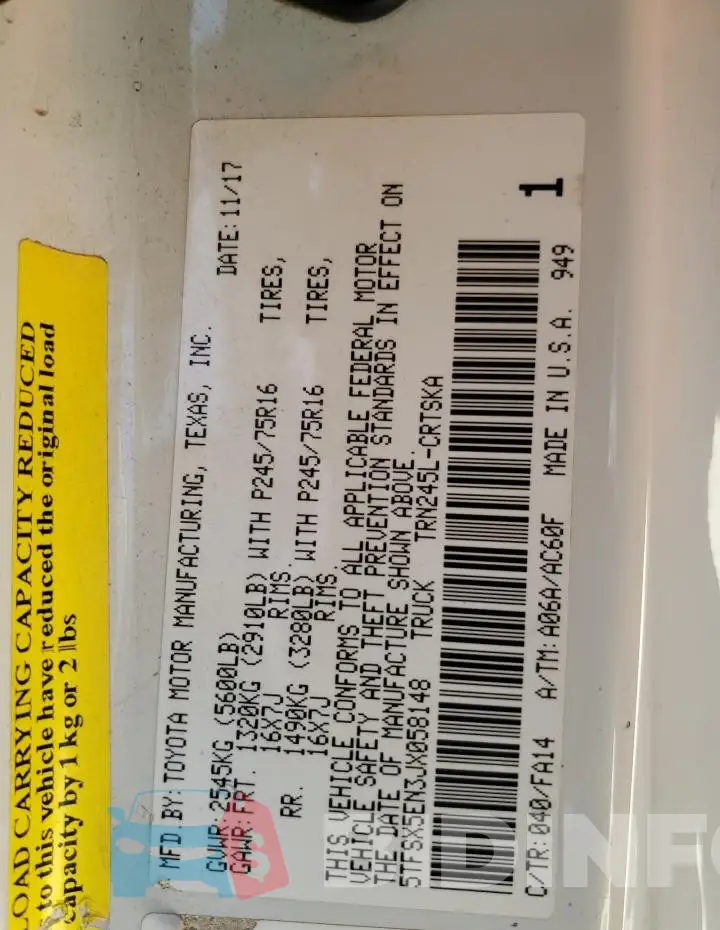 5TFSX5EN3JX058148 Photo# 12