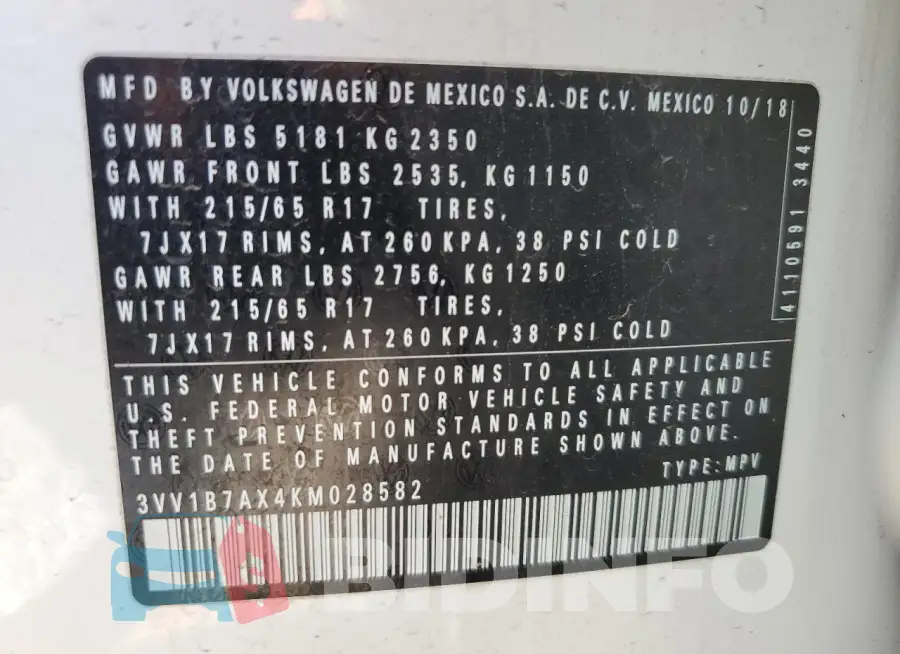3VV1B7AX4KM028582 Photo# 13