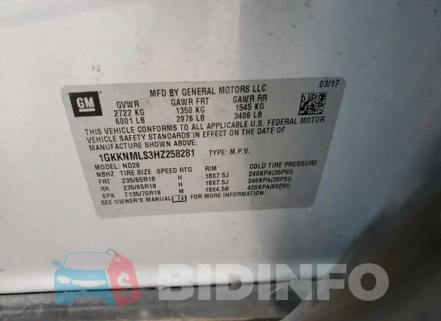 1GKKNMLS3HZ258281 Photo# 14