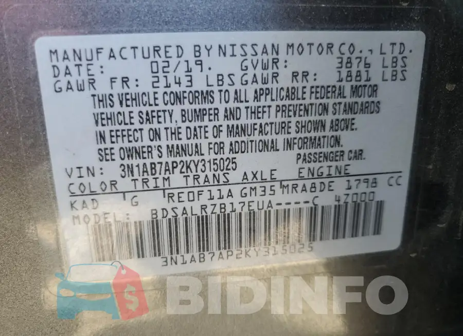 3N1AB7AP2KY315025 Photo# 12