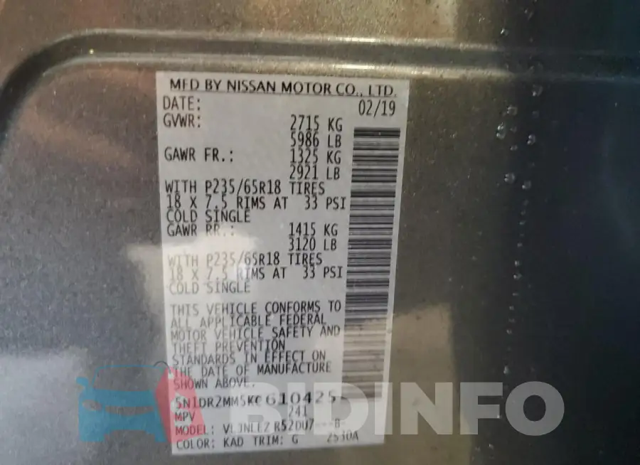 5N1DR2MM5KC610425 Photo# 13