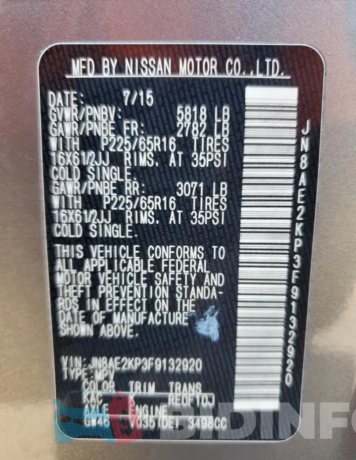 JN8AE2KP3F9132920 Photo# 13