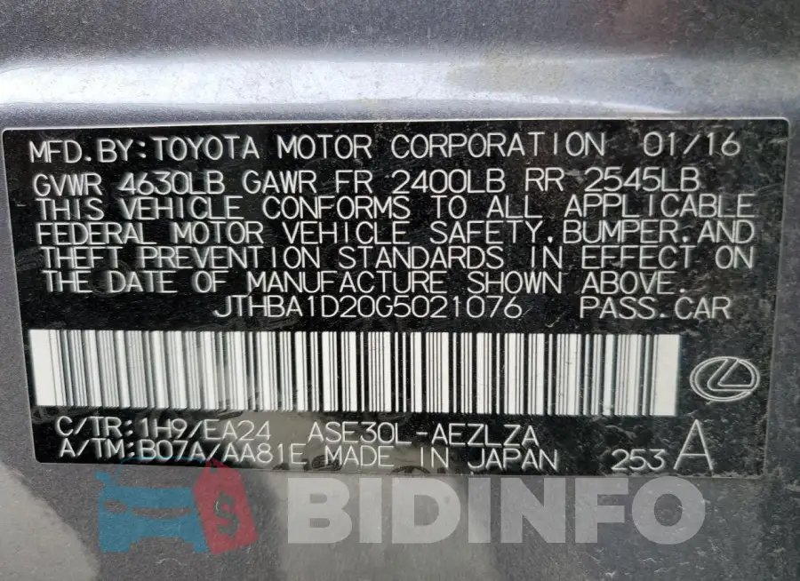 JTHBA1D20G5021076 Photo# 12