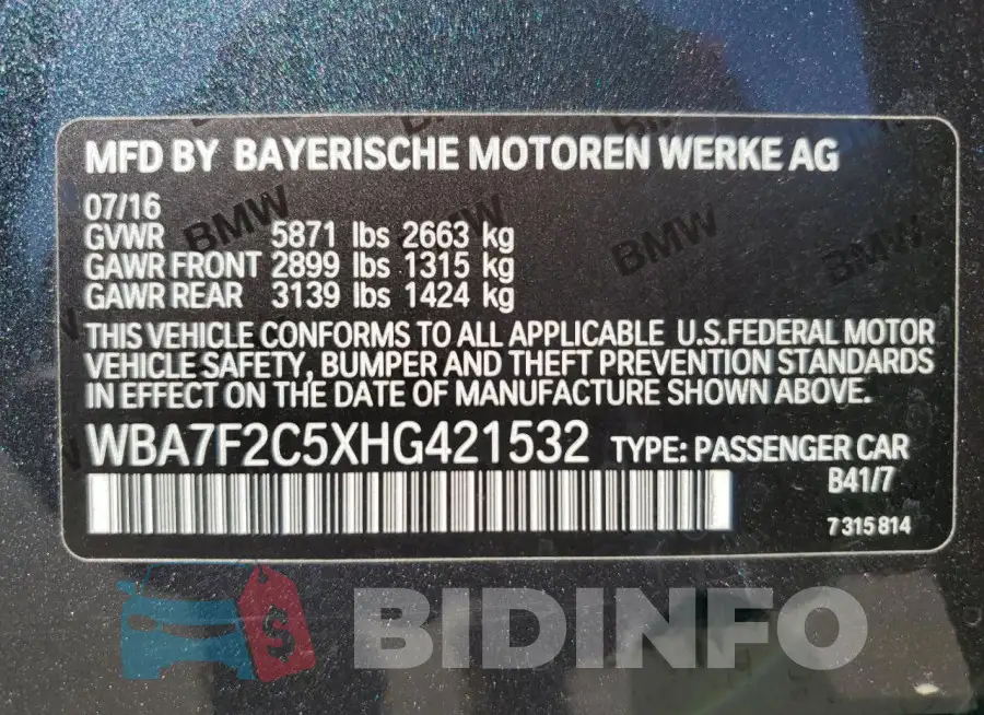 WBA7F2C5XHG421532 Photo# 12