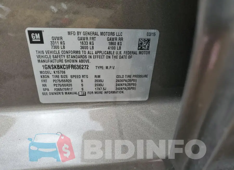 1GNSKBKC9FR636272 Photo# 13