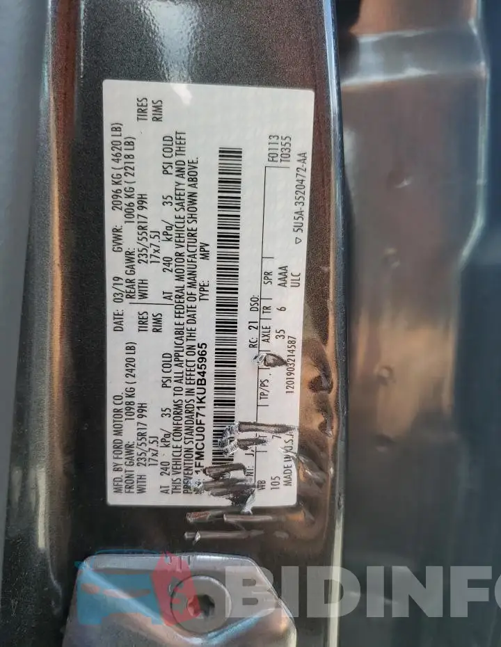 1FMCU0F71KUB45965 Photo# 14
