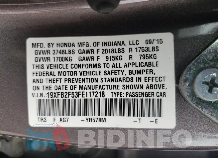 19XFB2F53FE117218 Photo# 12