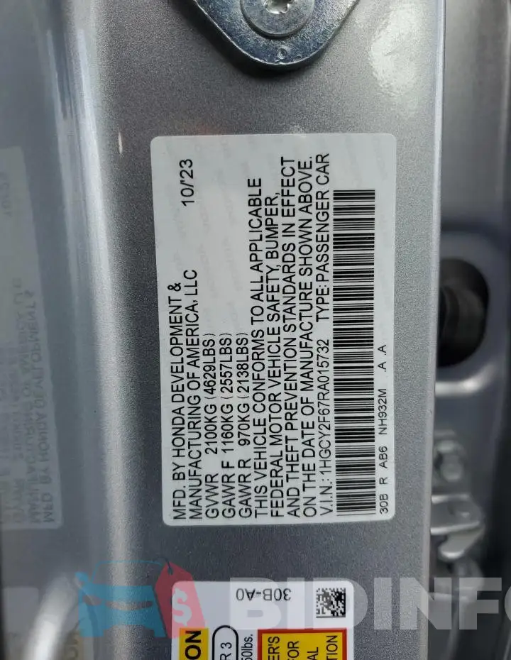 1HGCY2F67RA015732 Photo# 12