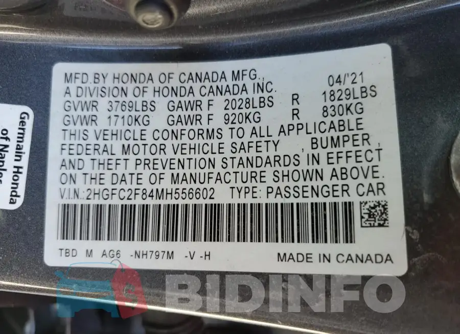 2HGFC2F84MH556602 Photo# 13