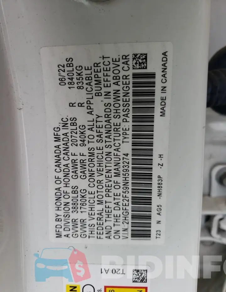 2HGFE2F59NH593274 Photo# 13